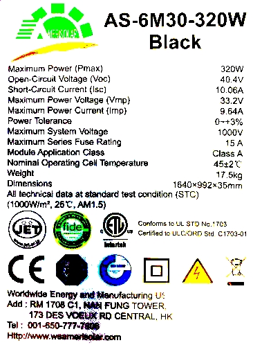 Panou solar fotovoltaic monocristalin AMERISOLAR AS-6M30-320 W - eticheta de timbru